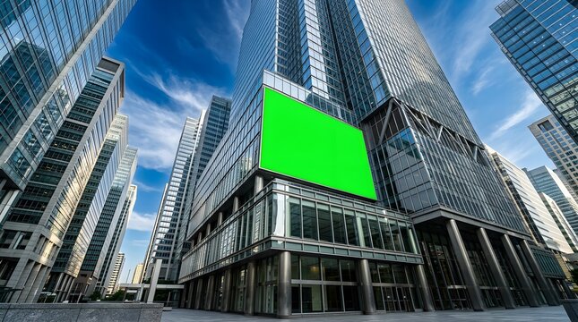 Low angle view of modern skyscrapers and corporate financial buildings in downtown with a green screen billboard advertisement mockup space