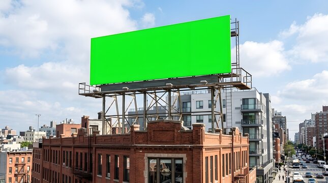 Large green screen chroma key billboard on top of a classic red brick building rooftop in an urban city environment under a blue sky