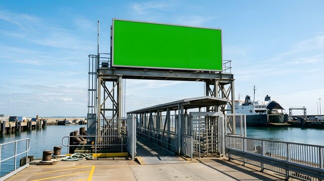 Blank green screen billboard mockup over ferry terminal entrance at a harbor