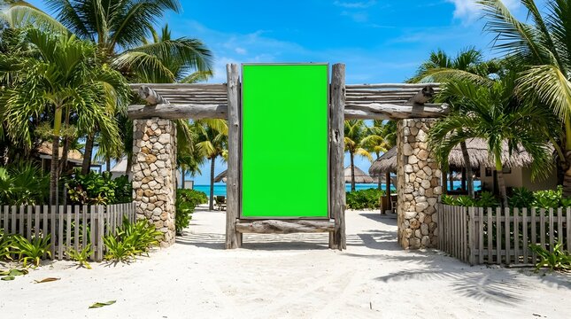 Large vertical green screen mockup on a rustic wooden gate at a tropical beach resort with palm trees and white sand