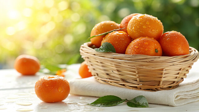 Fresh wet mandarins in a small woven basket with green leaves