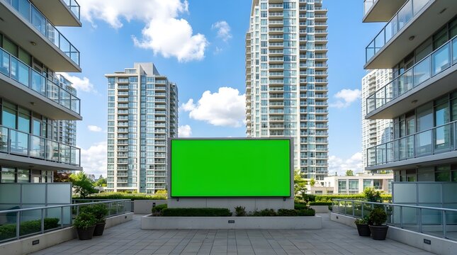 Large Green Screen Billboard Mockup in a Modern Urban Residential Courtyard with Tall Glass Buildings