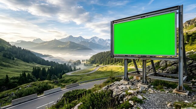 Blank Green Screen Billboard Mockup Beside Winding Scenic Mountain Highway Road in Alpine Landscape