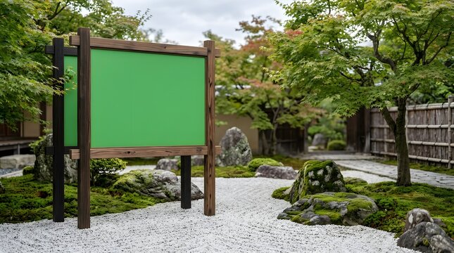 Blank wooden green screen signboard mockup in a peaceful traditional Japanese zen garden with white gravel and green maple trees