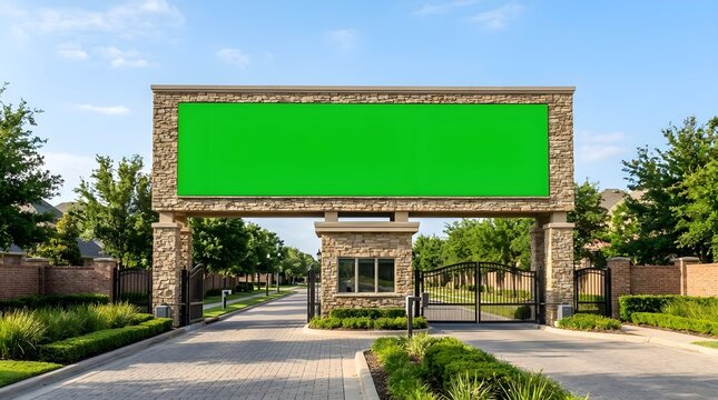 Green screen chroma key mockup sign above a residential neighborhood entrance gate