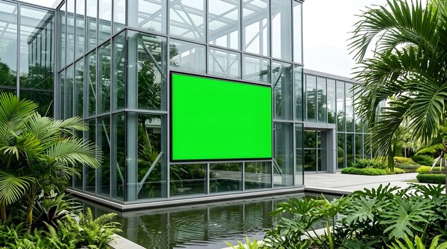 Modern glass building exterior with a blank green screen billboard surrounded by lush tropical plants