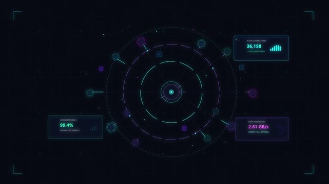 Futuristic digital interface display with glowing particles, data charts, and circular HUD elements, data visualization, technology background.