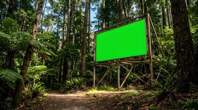 Blank Green Screen Billboard Mockup in Lush Forest Along Dirt Path