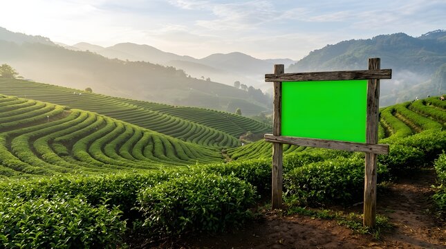 Green screen sign in a lush tea plantation on a misty morning with rolling hills and sunlight illuminating the landscape