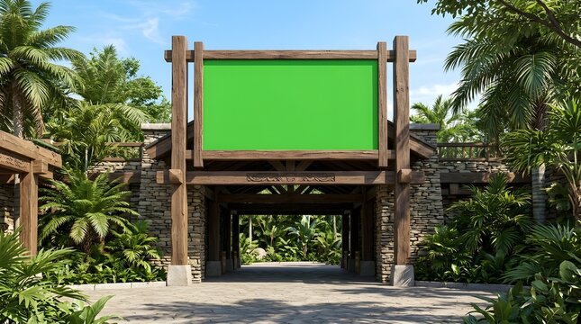 Wooden tropical resort entrance gate with a green screen billboard surrounded by lush palm trees