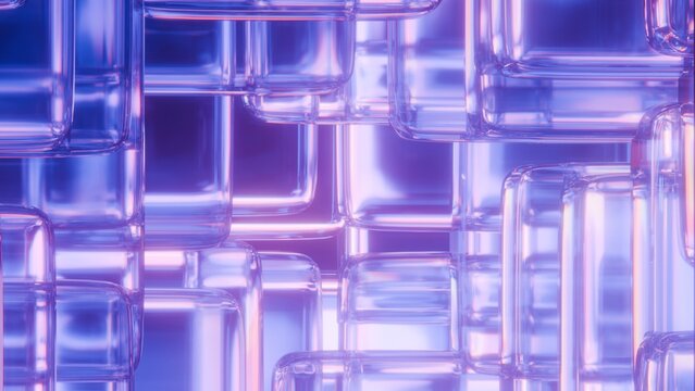 Abstract close up rounded glass cubes background with purple and blue neon light refractions