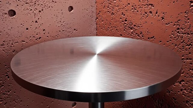 Minimalist stainless steel table in a room corner with textured red concrete walls