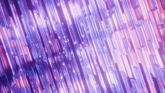 Abstract diagonal glass tubes background with glowing neon pink and purple rain light refractions