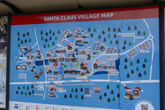 Editorial: Rovaniemi, Finland - May 15th, 2026: An informative outdoor visitor map displaying the layout of the Santa Claus Village