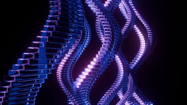 Abstract DNA helix structure made of glowing glass blocks with neon light reflections