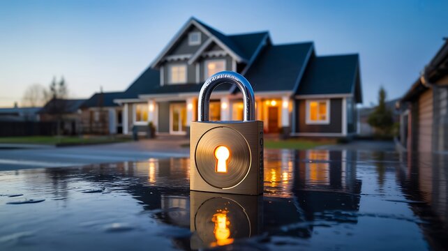 Home security concept with glowing padlock protecting a modern house after rain