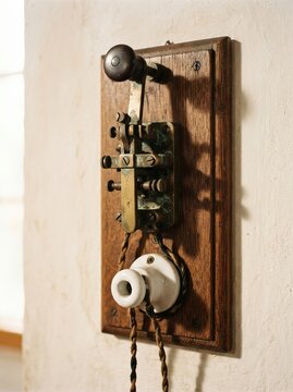 Antique Morse code telegraph key mounted on wooden board