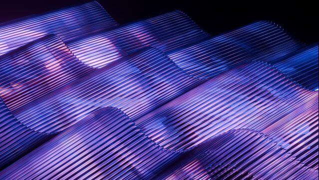 Abstract fluted glass wave texture background illuminated by neon purple and blue lights