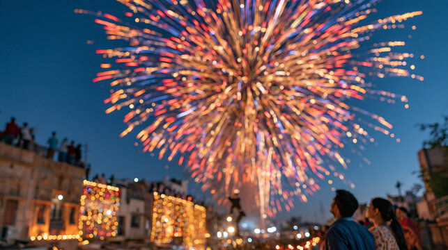 Diwali celebration with colorful fireworks illuminating the night sky above a traditional Indian city, glowing homes covered with diyas and festive lights, silhouettes of people celebrating on rooft