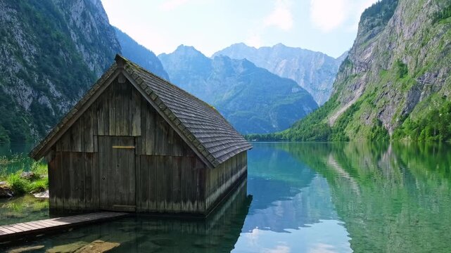 A boat hangar sits by the clear waters of Obersee lake in Bavaria, Germany. Surrounding Alpine mountains provide a scenic backdrop. This place showcases nature in the Alps.