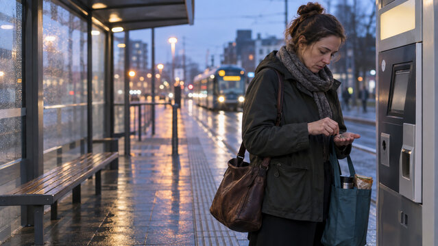 Woman using ticket or payment machine at rainy city bus stop, public transportation, commuting, contactless payment and urban mobility concept.