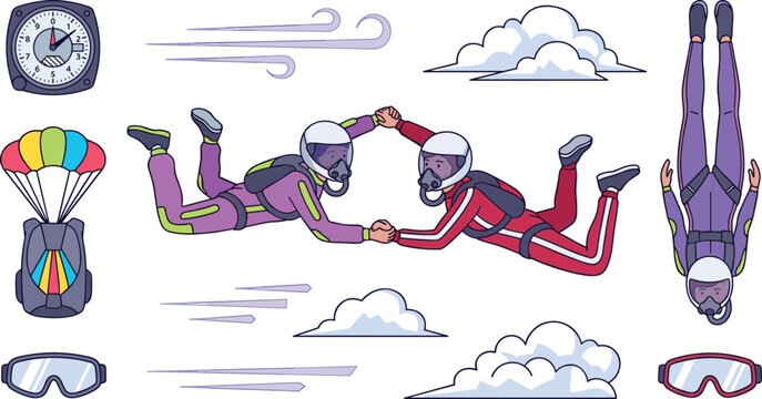 Skydiving and Extreme Team Freefall Vector Character Set with Altimeter Watch, Clouds, Parachute Backpack, and Flying Jumpers for Aero Sports Adventure Tourism Designs