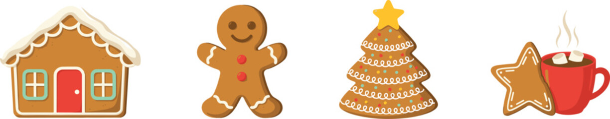 Obraz premium Christmas Gingerbread Cookie Vector Set with Gingerbread House Man Tree Star and Red Mug of Hot Cocoa with Marshmallows Designs