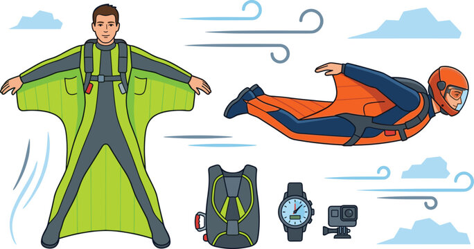 Extreme Wingsuit Flying Vector Character Set with Skydiver Jumper, Parachute Backpack, Action Camera, and Altimeter Watch for Aero Sports and Adventure Tourism Designs