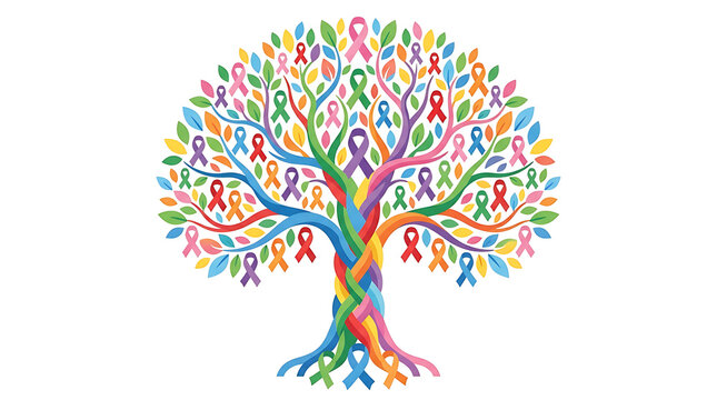 Tree of life ribbons illustration representing cancer awareness and health support