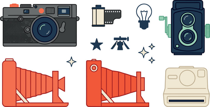 Vintage Retro Camera Icon Set Featuring Twin Lens Reflex Folding Camera Film Roll and Instant Photo Vectors for Antique Photography Media Designs