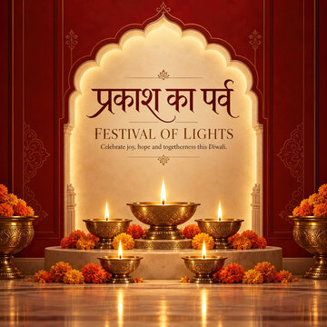 Elegant Diwali festival design featuring glowing brass diyas, marigold flowers and ornate golden decorations beneath a traditional arch, celebrating the festival of lights, prosperity, joy, tradition