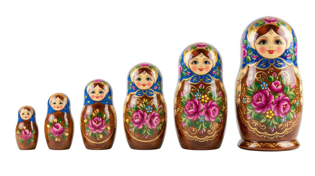 Set of six traditional russian matryoshka nesting dolls with floral painting isolated on transparent background