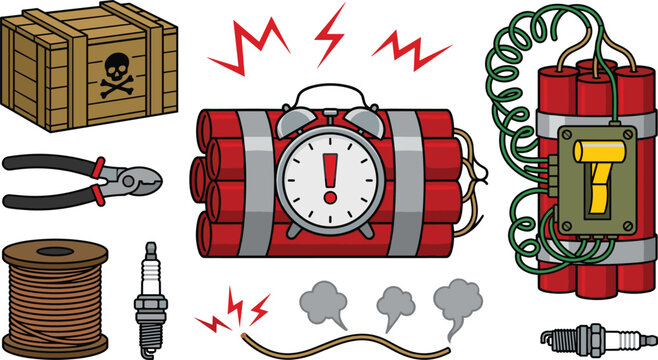 Dynamite Time Bomb and TNT Explosive Vector Icon Set with Countdown Alarm Clock, Detonator Switch, Wooden Ammo Box, and Wire Cutter Tools