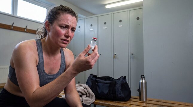 Doubtful woman examining a glass medication vial in a locker room