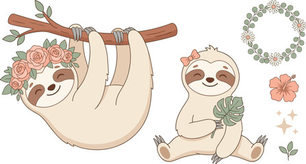 Fototapeta premium Cute Sloth Mascot Character Set with Hanging Animal on Tree Branch, Flower Crown, Monstera Leaf, and Daisy Wreath for Baby Shower and Nursery Vector Designs