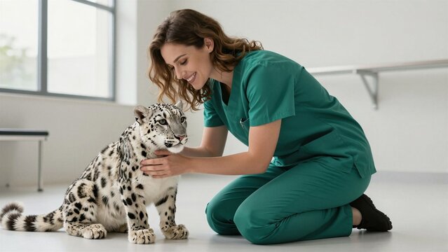 A smiling female veterinarian in green scrubs kneels to affectionately stroke a calm snow leopard sitting on clean white floor inside bright modern animal care facility.