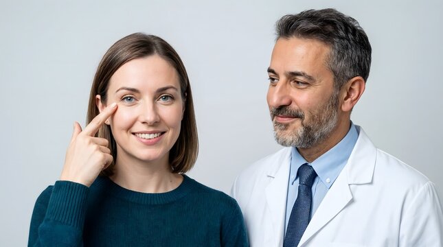 Close-up portrait of a smiling female patient pointing at her eyes after blepharoplasty, standing with a mature male plastic surgeon in a white coat. Professional clinic on a white background.
