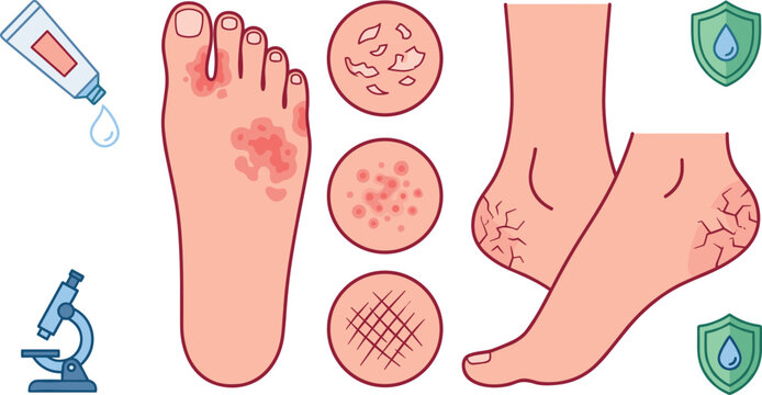 Dermatology Foot Care and Skin Allergy Vector Icon Set with Cracked Heels, Rash Symptoms, Medical Ointment, and Microscope for Healthcare Infographics
