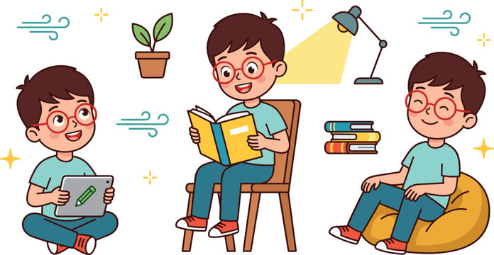 Cute Boy Reading and Studying Vector Character Set with Student Using Tablet, Sitting on Beanbag, Desk Lamp, and Potted Plant for Educational Designs