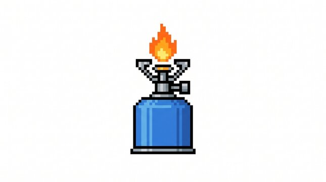 8-bit pixel art of a mini portable camping stove with a blue gas canister game asset isolated on white.