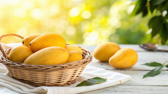 Fresh yellow mangoes in a wicker basket on a rustic wooden table with sunny day