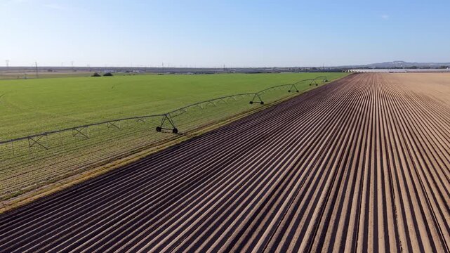 Aerial view of large agricultural fields with irrigation systems. Rows of tilled earth stretch toward distant hills under clear skies. Green crops grow beside dry land, showing farming contrast
