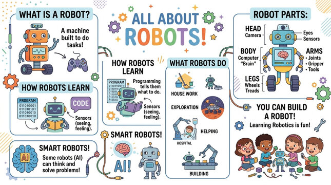 Educational Robotics Infographic for Kids: STEM Learning Poster about AI Coding and Robot Parts