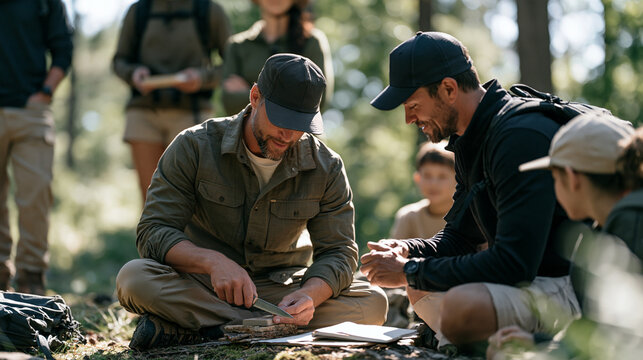 Knife sharpener improvising a whetstone angle guide from scavenged materials beside a forest trail, a small barely visible nick on the blade catching the outdoor light as a family