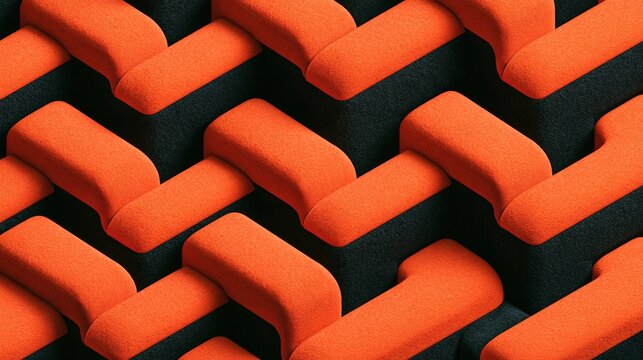 Repeating 3D soft woven pattern of orange fluffy curved elements on dark black base, modern plush abstract geometric background design