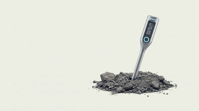 Digital soil moisture and temperature sensor probe measuring a small pile of earth on transparent background