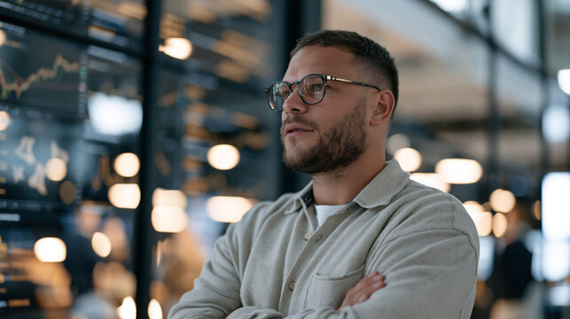 Dutch financial analyst standing at a glass wall covered with printed altcoin performance data and market correlation charts, portfolio strategy planning, institutional crypto