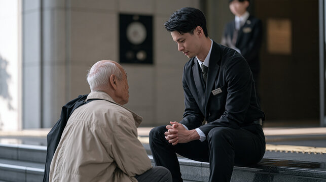 A luxury hotel concierge apologizes sincerely to an older guest on a rain-soaked entrance steps, a wall-mounted temperature gauge visible in the background, a younger staff member