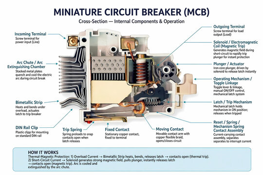 Miniature Circuit Breaker MCB Cross Section Internal Components Operation Diagram