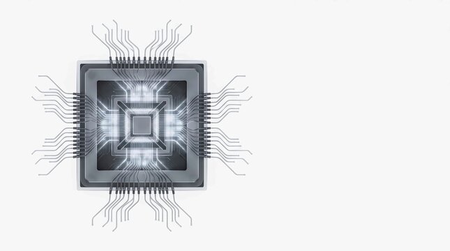 Futuristic central processing unit with glowing digital circuits and metallic wires isolated on transparent background